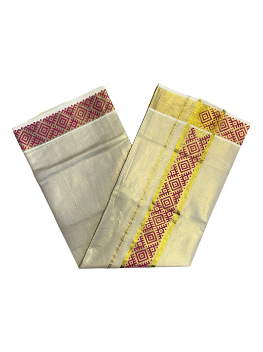 Southloom Kerala Tissue Kasavu Plain Saree  Magenta Hand Printed