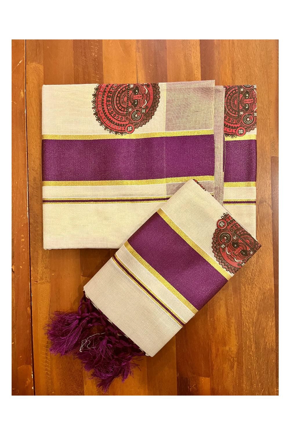 Kerala Tissue Kasavu Set Mundu (Mundum Neriyathum) with Theyyam Block Prints and Purple Border