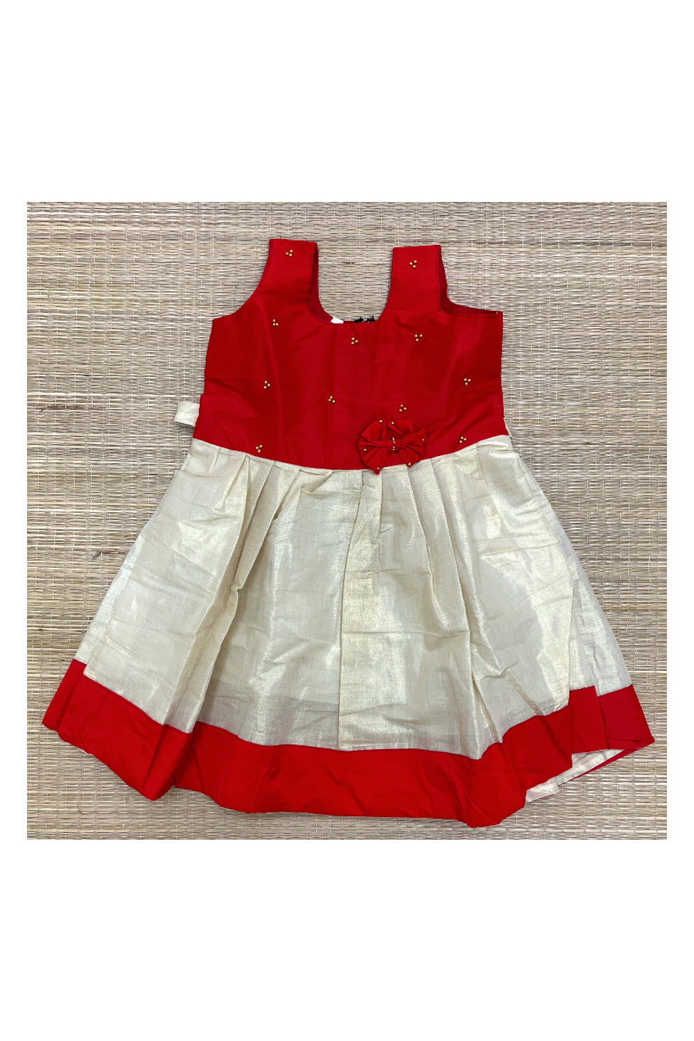 Southloom Kerala Tissue Frock with Red Bead Work Designs for Kids (4 Years)