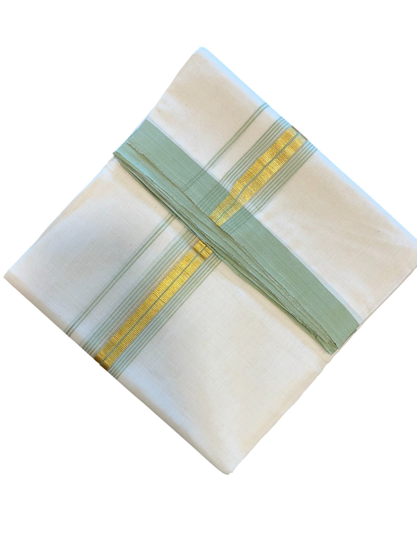 Southloom Premium Handloom Cotton Double Mundu with Gold and Green Border