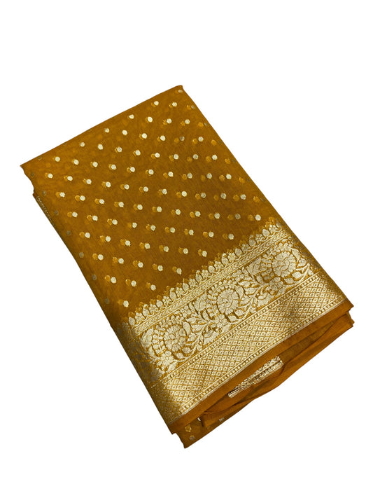 Southloom Cotton Banarasi Silk Saree with Woven Work on Body and Borders (Yellow)