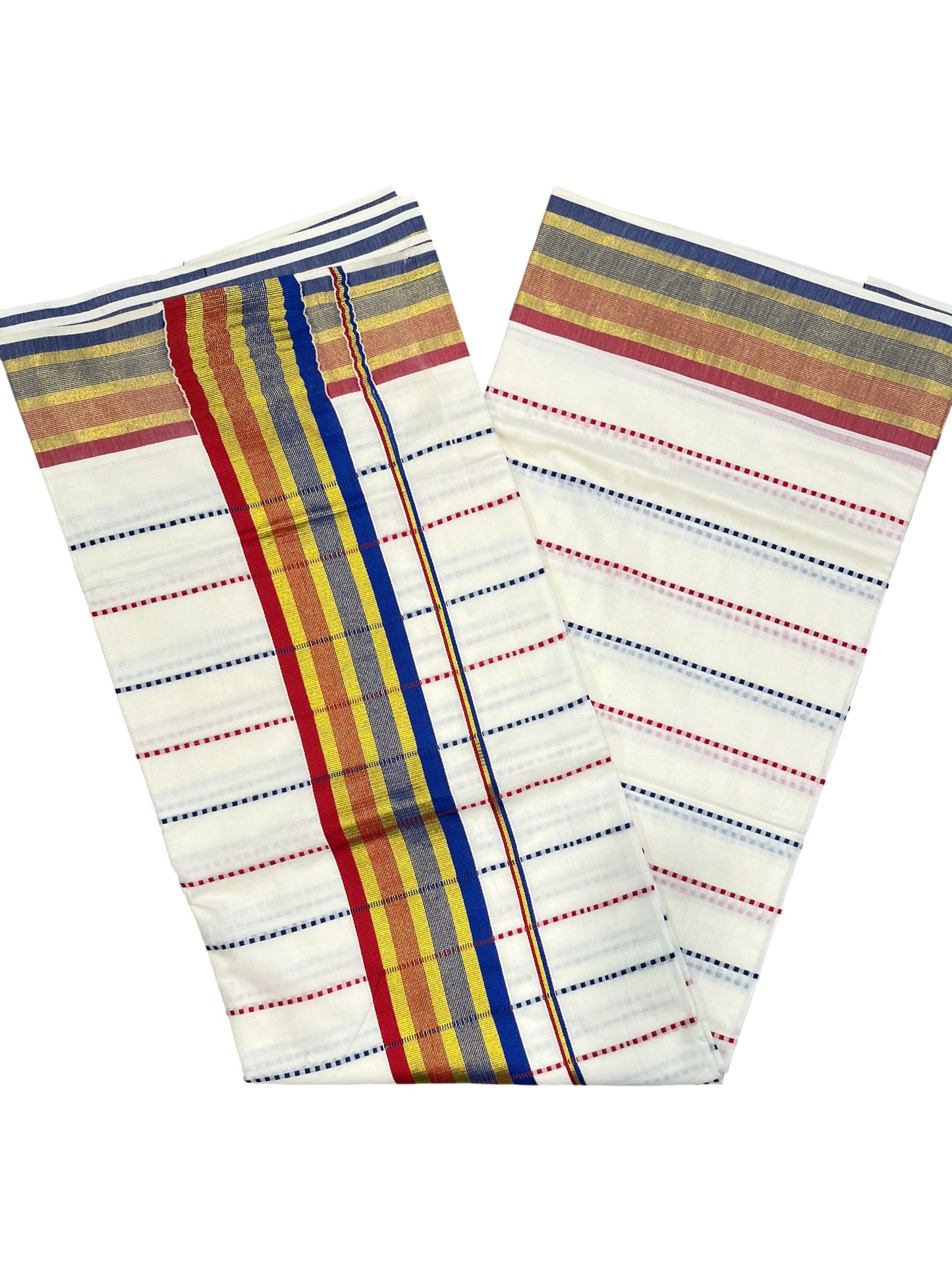 Southloom Cotton Kasavu Saree with Blue and Red Thread Work Across Body