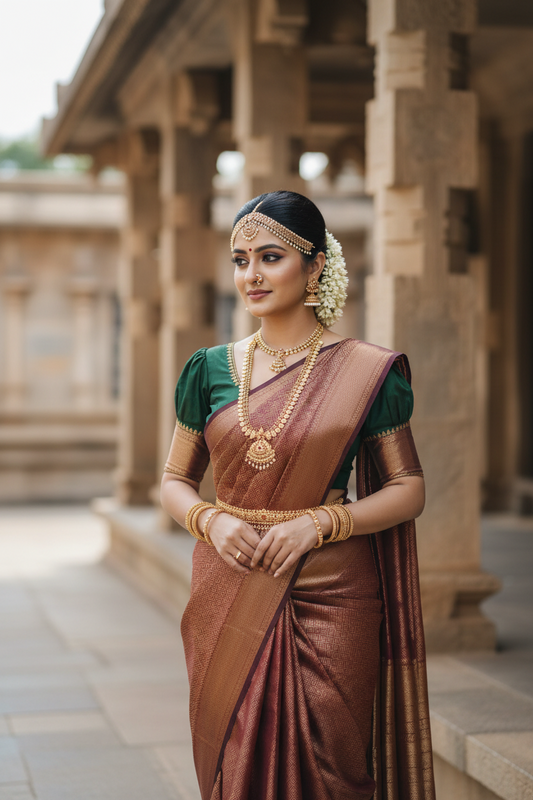 Southloom Premium Semi Silk Zari Work Brocade Saree in Bridal Brown with Matching Pallu