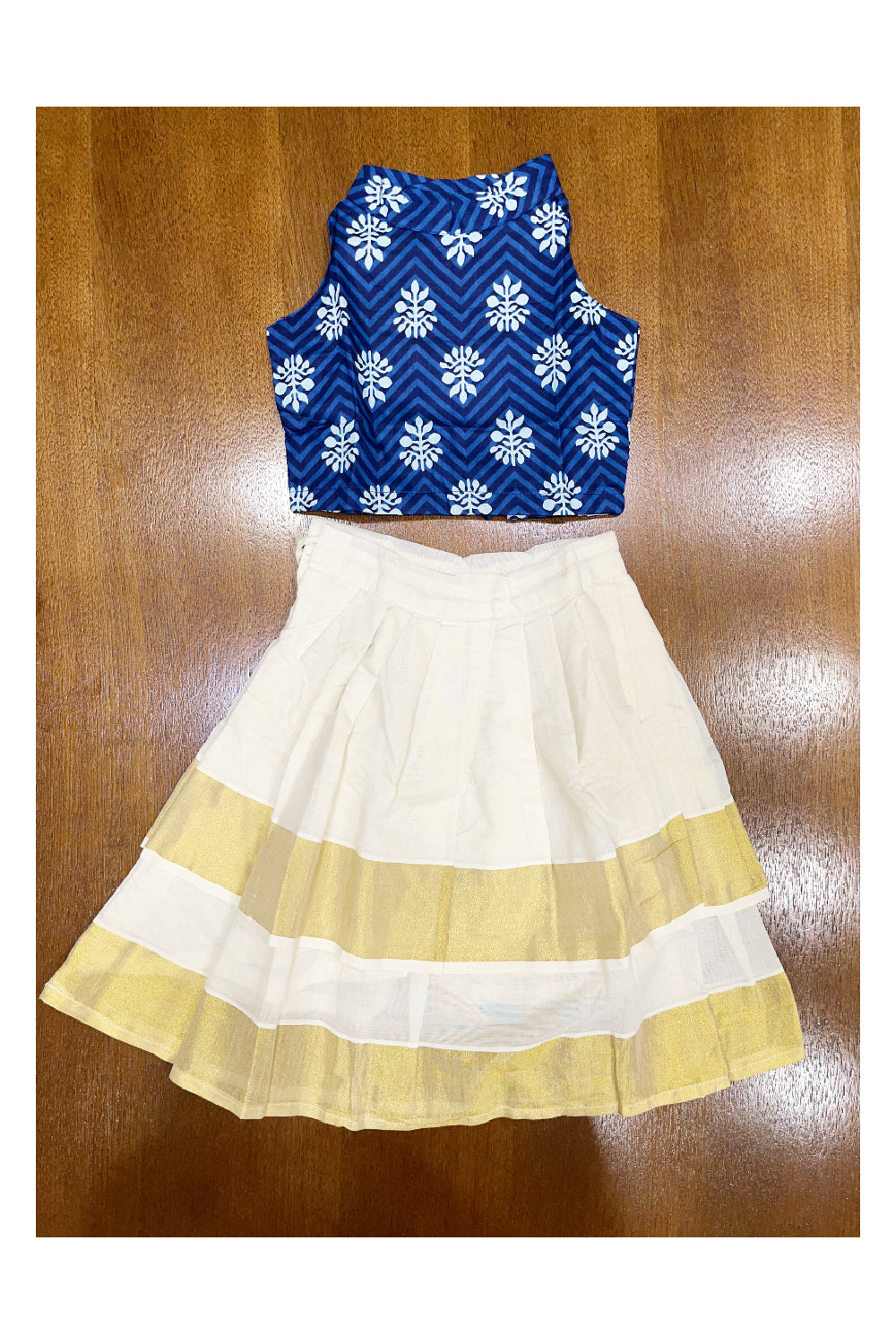 Pure Cotton Blue Floral Crop Top and Off White Pavada (Age - 5)