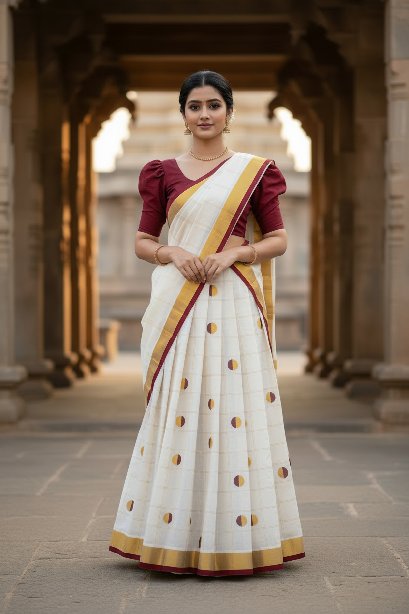 Southloom Semi Stitched Cotton Dhavani Set with Pavada and Maroon Blouse Piece