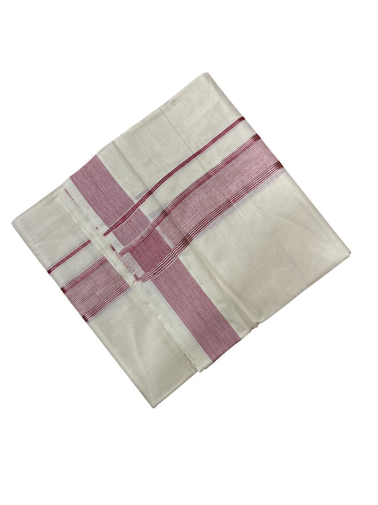 Southloom Kerala Pure Cotton Double Mundu with Silver Lines & Maroon Border (South Indian Dhoti)