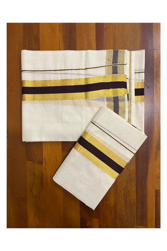 Kerala Cotton Mundum Neriyathum Single (Set Mundu) with Brown and Kasavu Border 2.80 Mtrs