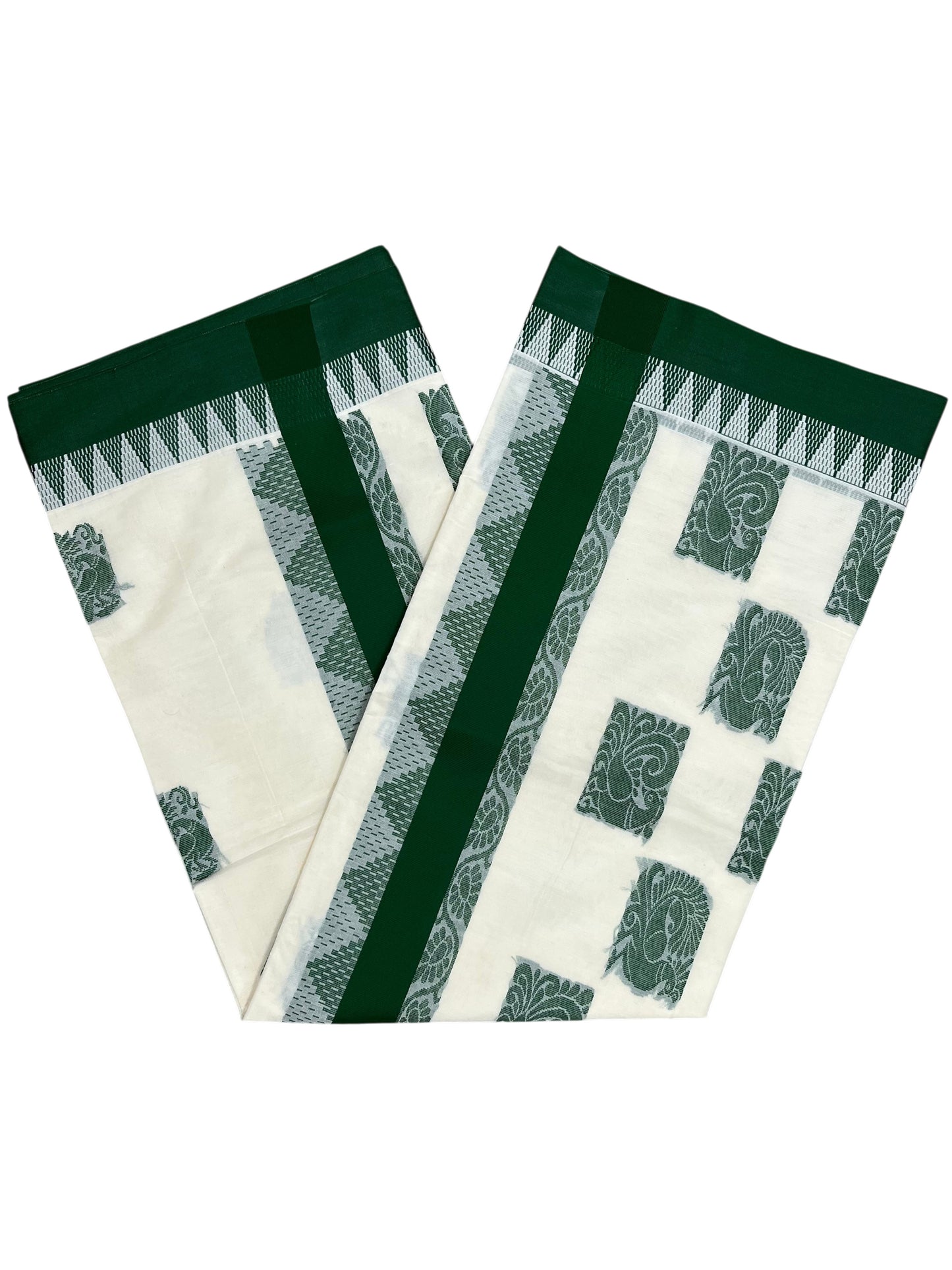 Southloom Pure Cotton Kerala Saree with Green Heavy Woven Designs and Temple Border