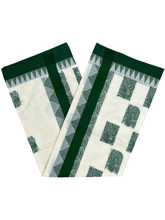 Southloom Pure Cotton Kerala Saree with Green Heavy Woven Designs and Temple Border