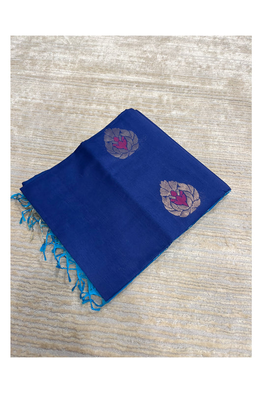 Southloom Pure Handloom Cotton Silk Saree With Handwoven Work Across Body and Blouse in Blue And Blue