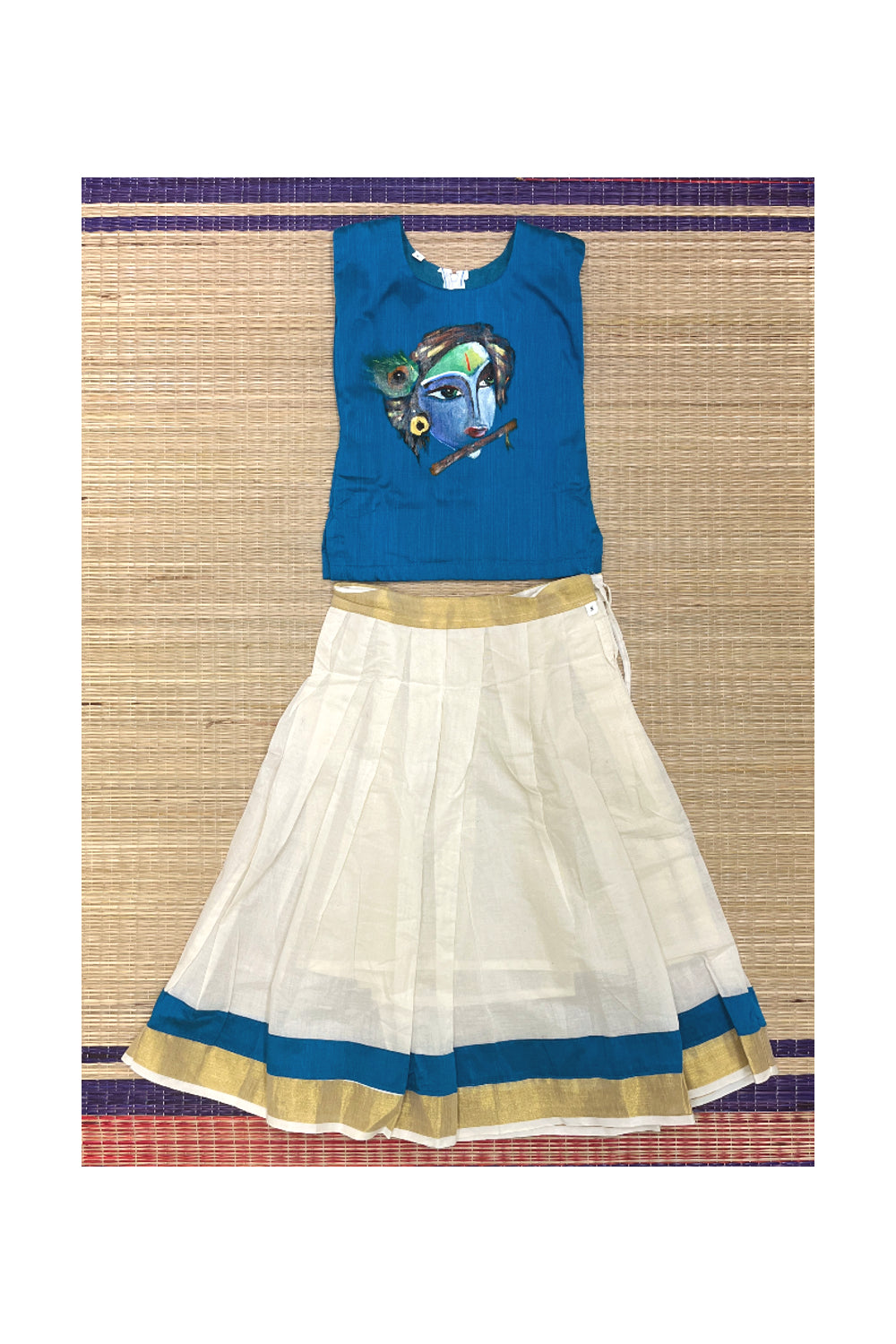 Southloom Kerala Pavada Blue Blouse with Krishna Mural Designs (Age - 5 Years)