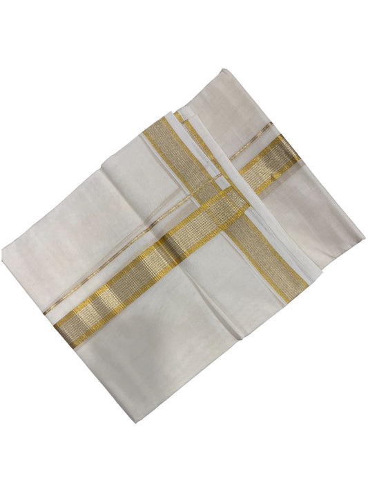 Southloom Premium Handloom Cotton Double Mundu with Gold And Silver Lines Kasavu Border