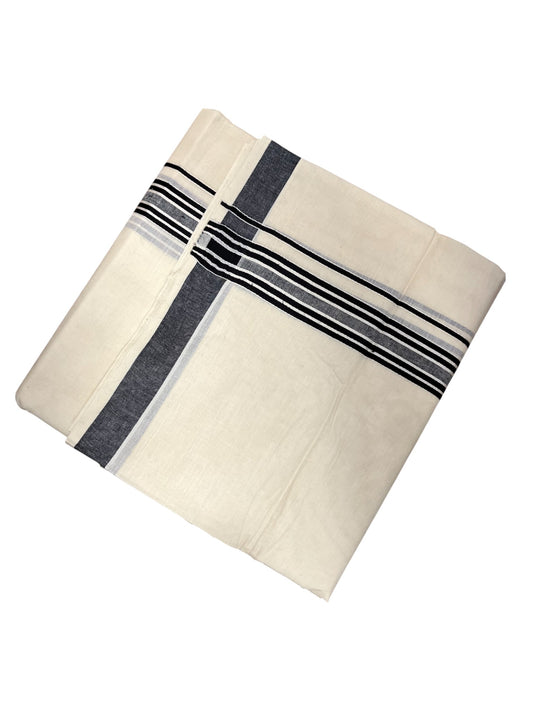 Southloom Pure Cotton Double Mundu With White Lines & Black Border (South Indian Kerala Dhoti)