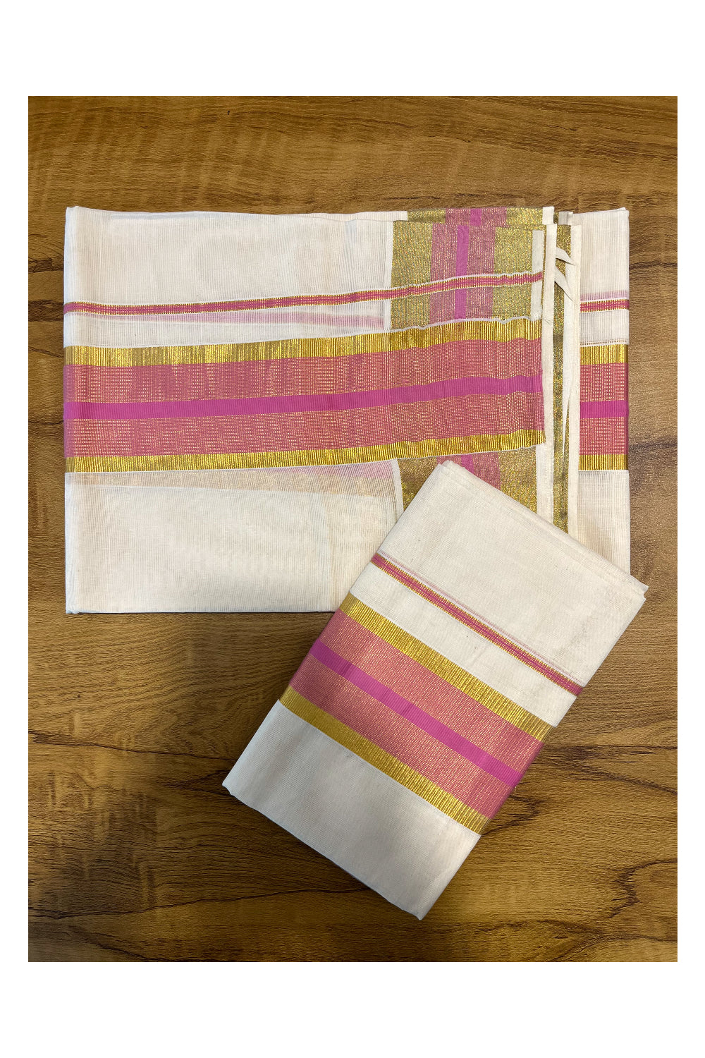 Kerala Cotton Set Mundu (Mundum Neriyathum) with Pink and Kasavu Border 2.80 Mtrs