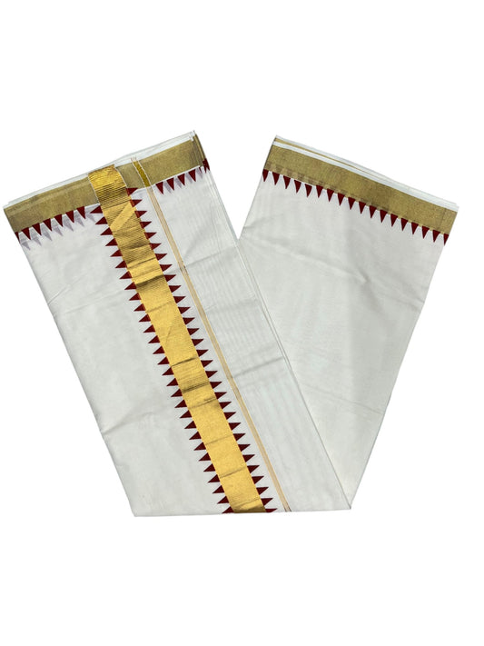 Southloom Cotton Kerala Kasavu Saree with Brike Red Temple Design Border