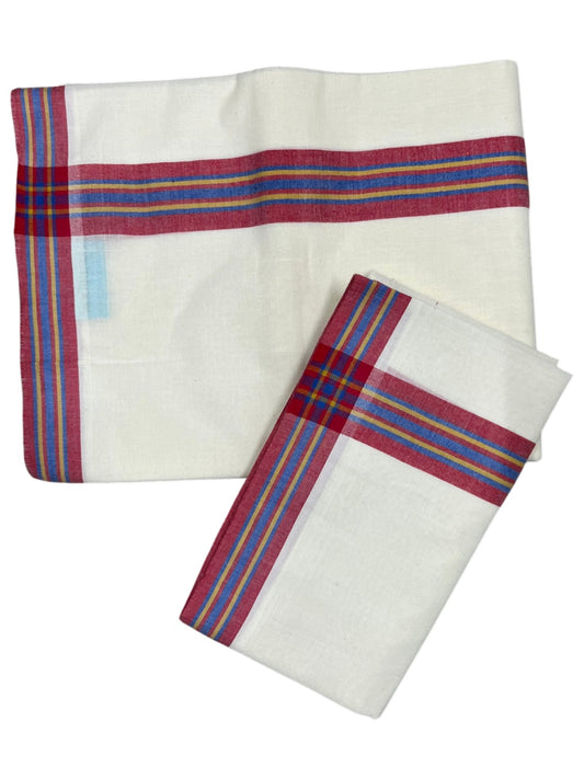 Southloom Pure Cotton Kerala Single Mulloth Set Mundu (Mundum Neriyathum) Red & Blue Border 2.50 Mtrs SL243
