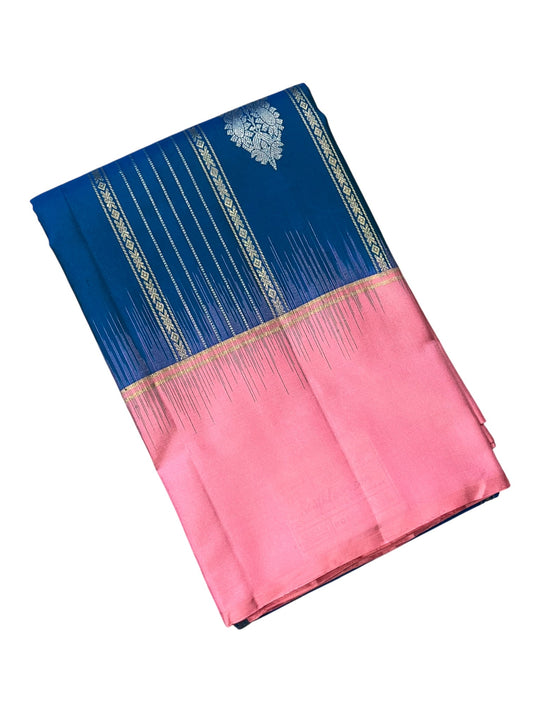 Southloom Pure Handloom Bridal Kanchipuram Silk Saree with Korvai Work (Pink & Blue)