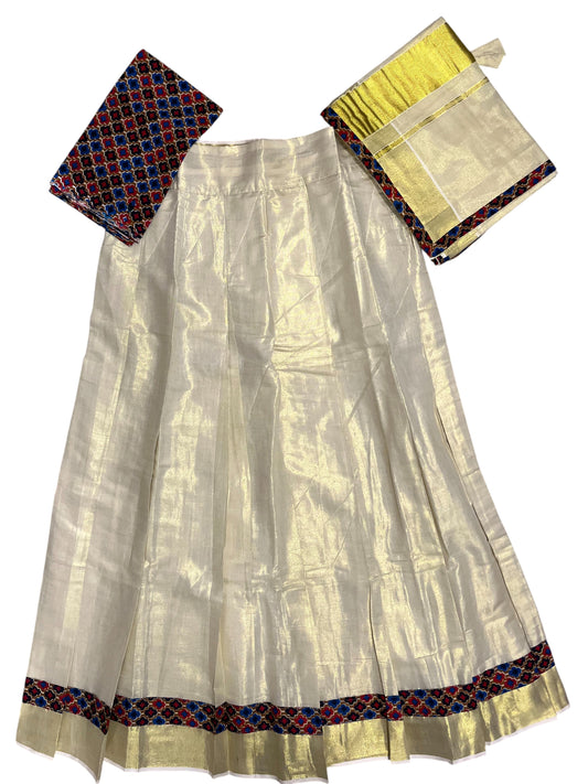 Southloom Semi Stitched Tissue Dhavani Set with Pavada and Ajrakh Blouse Piece