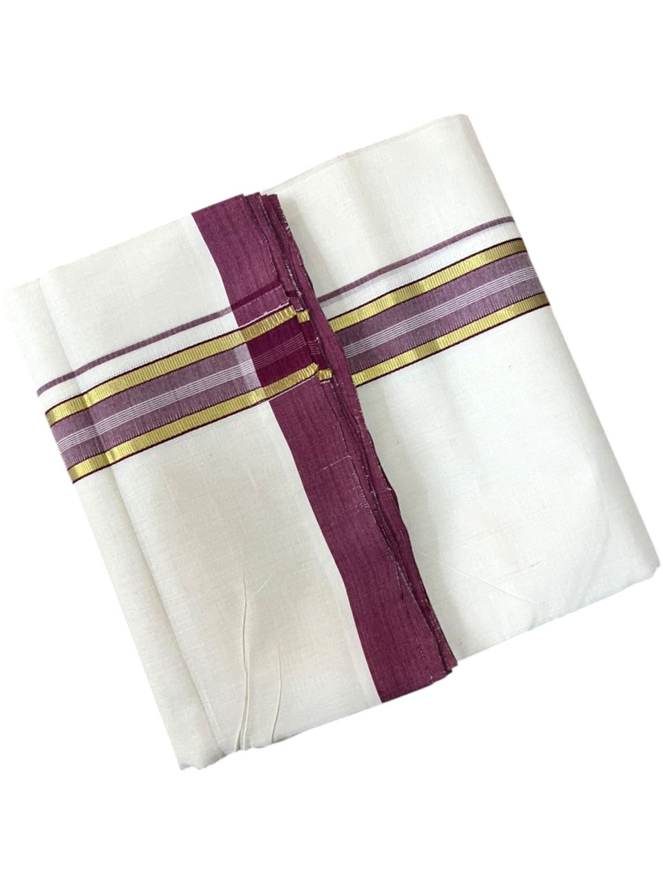 Southloom Balaramapuram Unakkupaavu Premium Handloom Cotton Double Mundu with Gold Kasavu and Purple Border