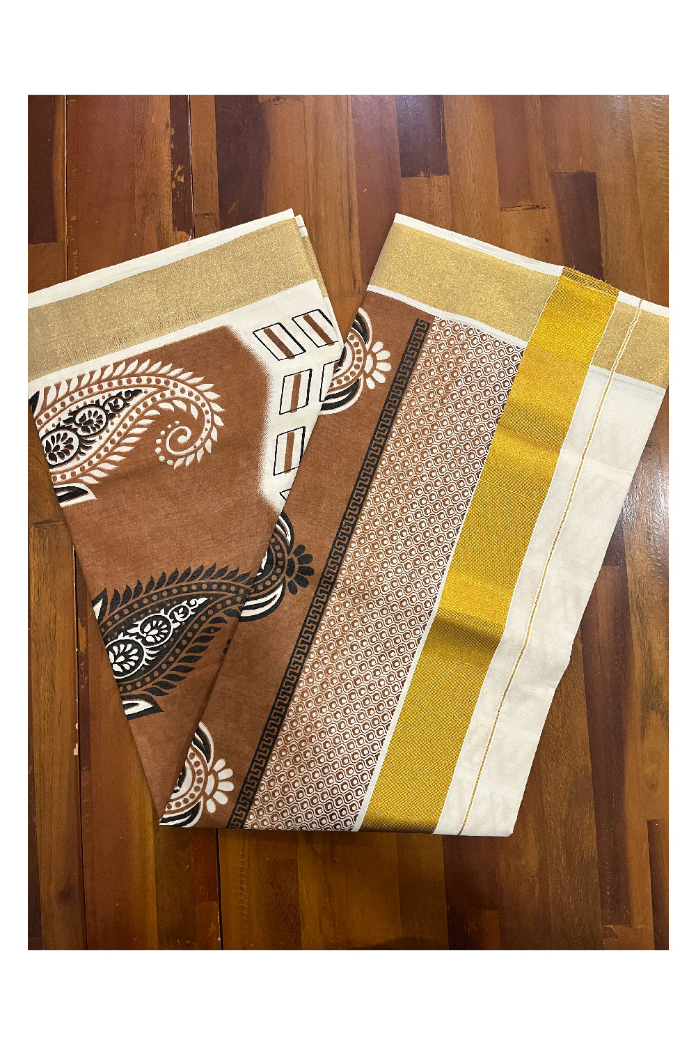 Kerala Cotton Saree with Brown Block Prints on Pallu and Golden Block Prints on Body