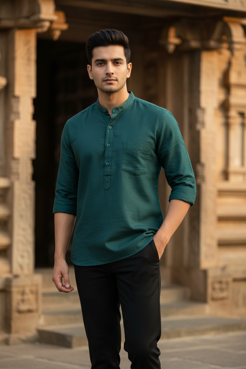 Southloom Green Short Cotton Kurta Shirt for Men