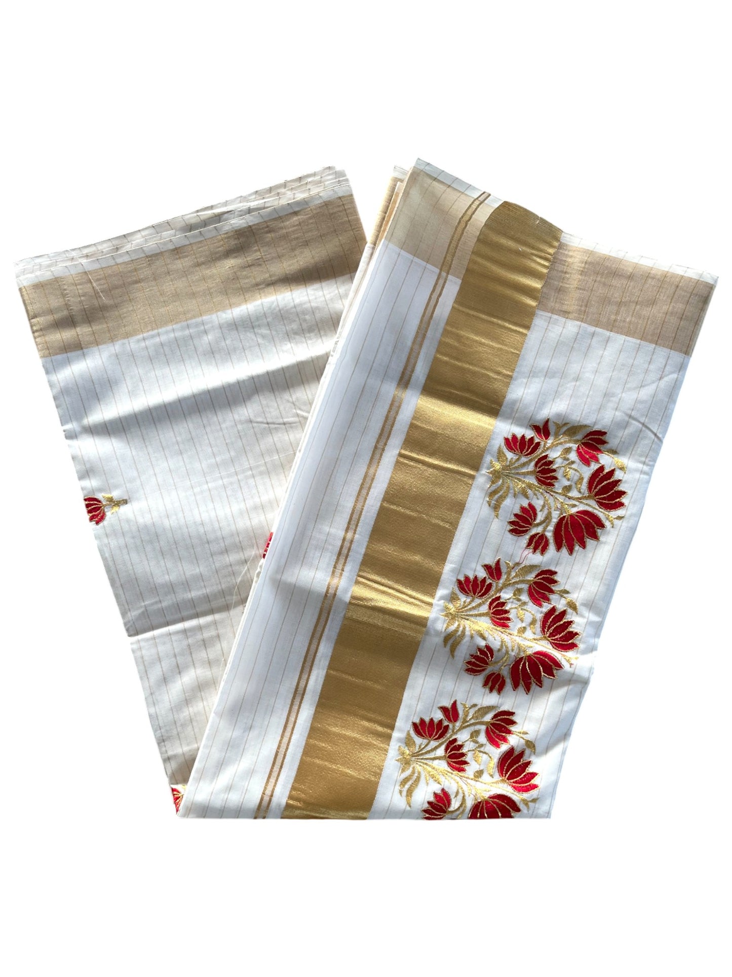 Southloom Kerala Cotton Stripes Kasavu Saree With Gold & Red Embroidery Work On Body