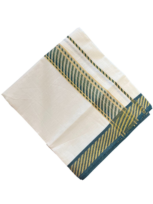 Southloom Off White Cotton Single Mundu with Ksavu and Kara Green Border (South Indian Dhoti)