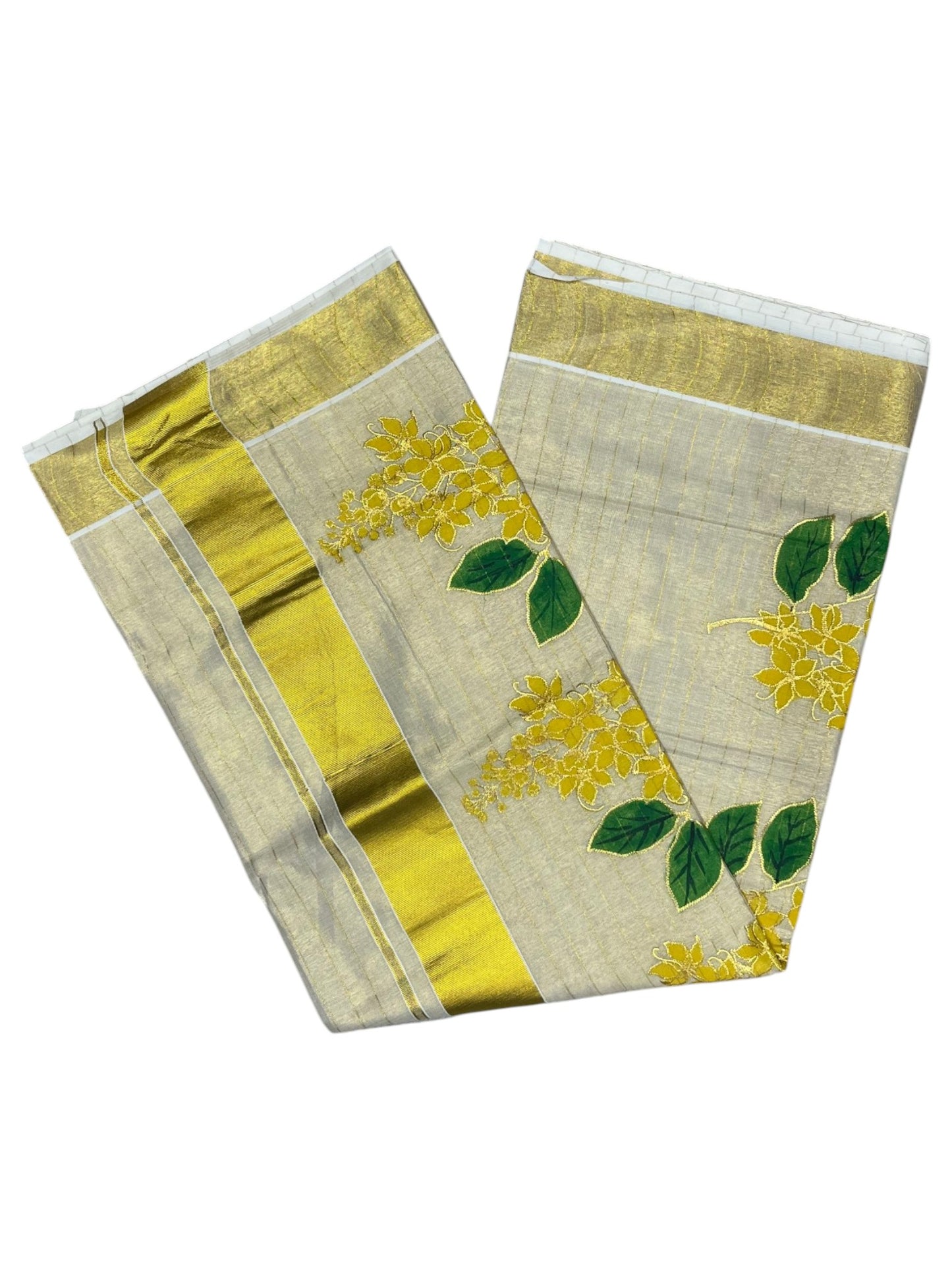 Southloom Tissue Kerala Kasavu Saree with Kanikonna Embroidery Work on Body