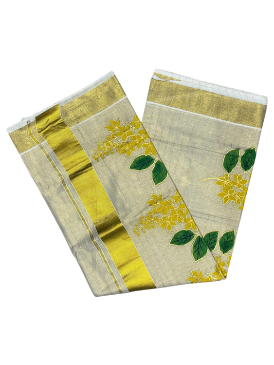 Southloom Tissue Kerala Kasavu Saree with Kanikonna Embroidery Work on Body