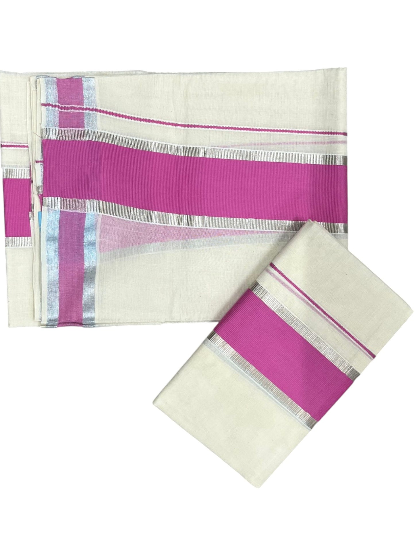 Kerala Cotton Mundum Neriyathum Single (Set Mundu) with Pink and Silver Kasavu Border 2.80 Mtrs  SLKK SL498