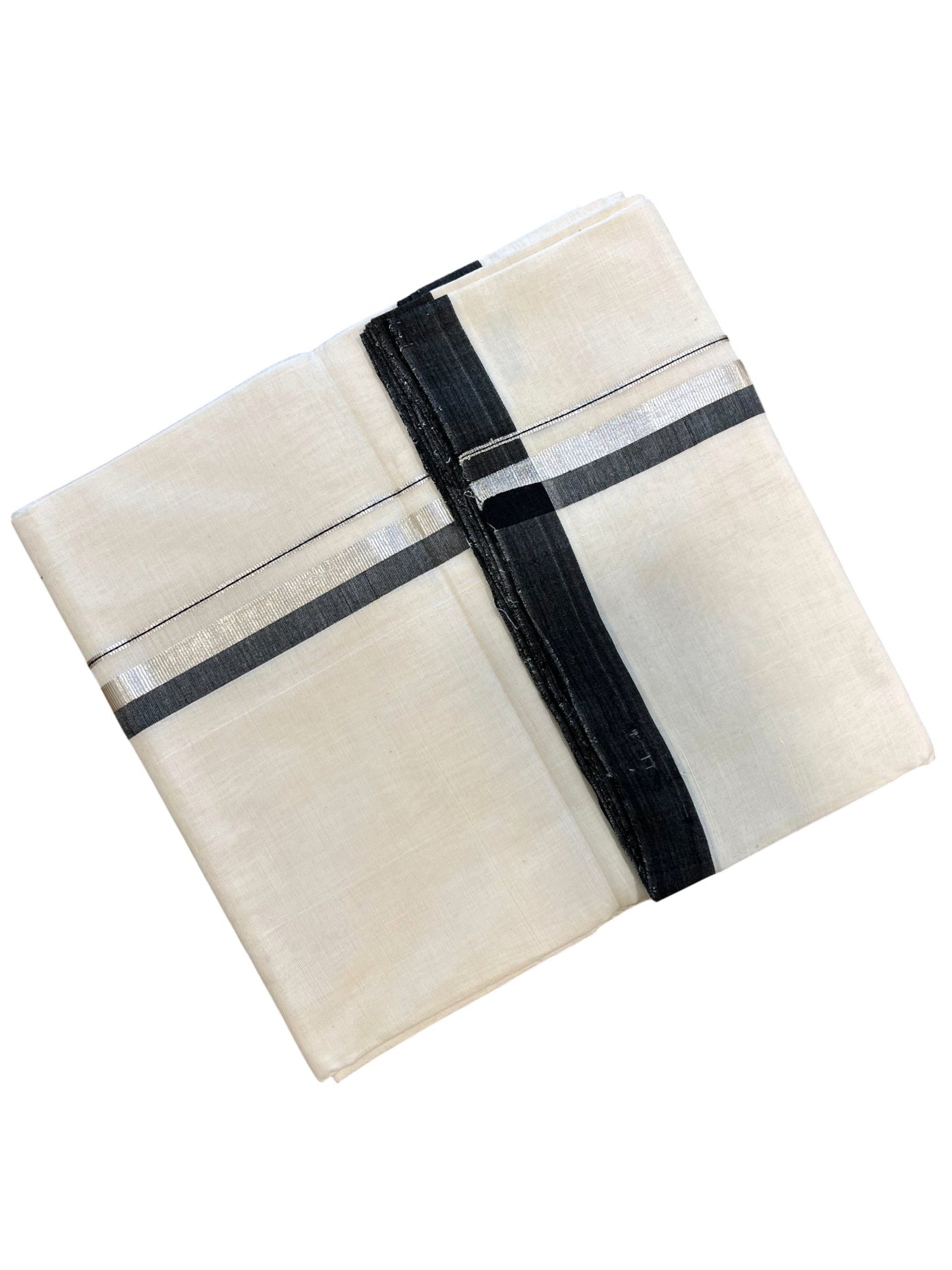 Southloom Premium Handloom Cotton Double Mundu with Silver and Black Border
