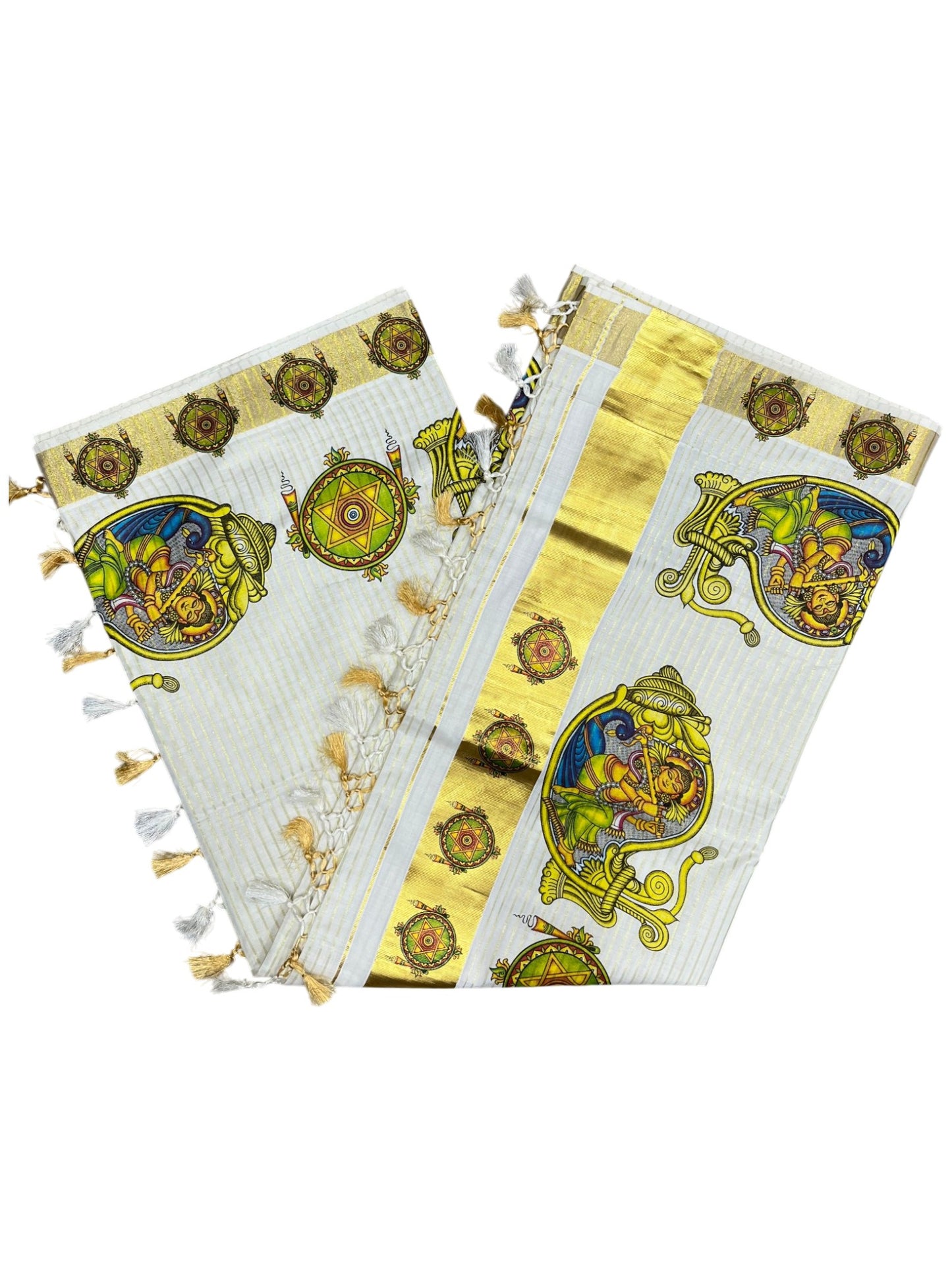 Southloom Pure Cotton Kerala Kasavu Lines Saree with Krishna Mural Printed Art Design and Printed Border