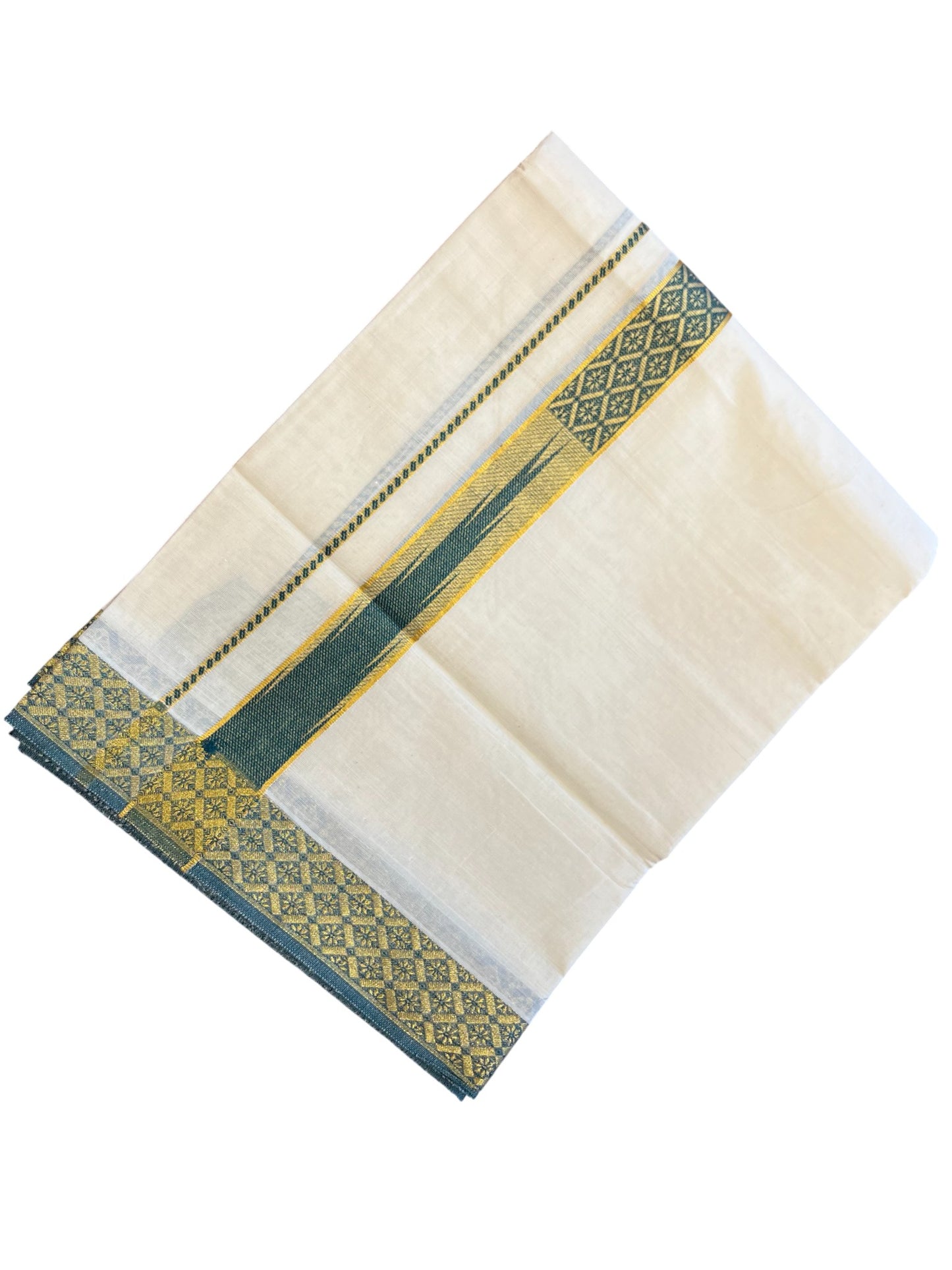 Southloom Kerala Pure Cotton Double Mundu with Kasavu Kara and Green Border (South Indian Dhoti)