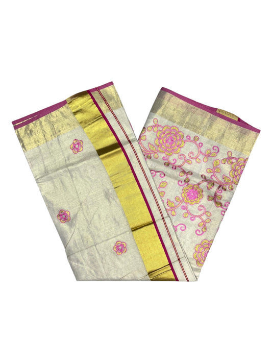 Southloom Kerala Tissue Kasavu Saree With Pink and Golden Floral Embroidery Works