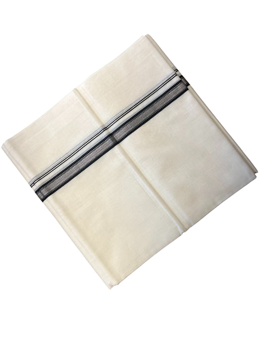 Southloom Premium Handloom Cotton Double Mundu with Black And Silver Line Border