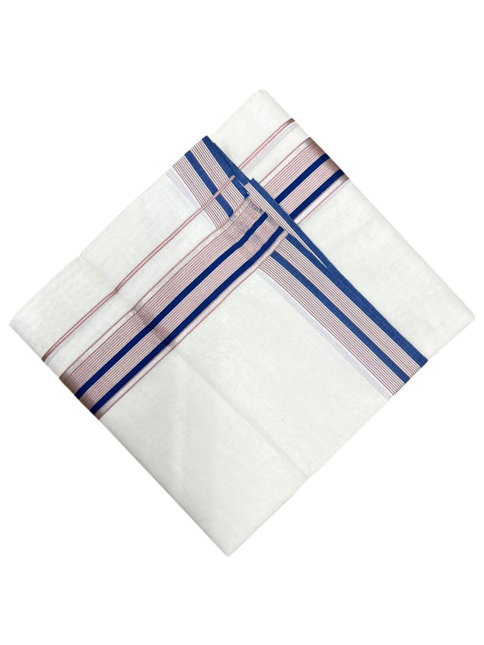 Southloom Kerala Pure Cotton Double Mundu with Peach Lines and Blue Border with (South Indian Dhoti)