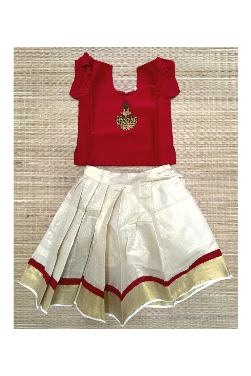 Southloom Kerala Pavada Blouse in Red with Bead Work Designs (Age - 2 Years)