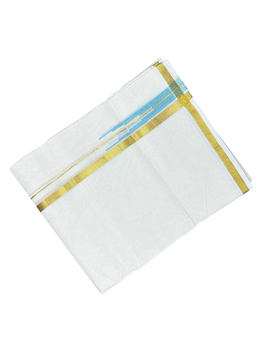 Southloom Kerala Pure Cotton Double Mundu with Gold Kasavu and Blue Chuttikara Border with (South Indian Dhoti)