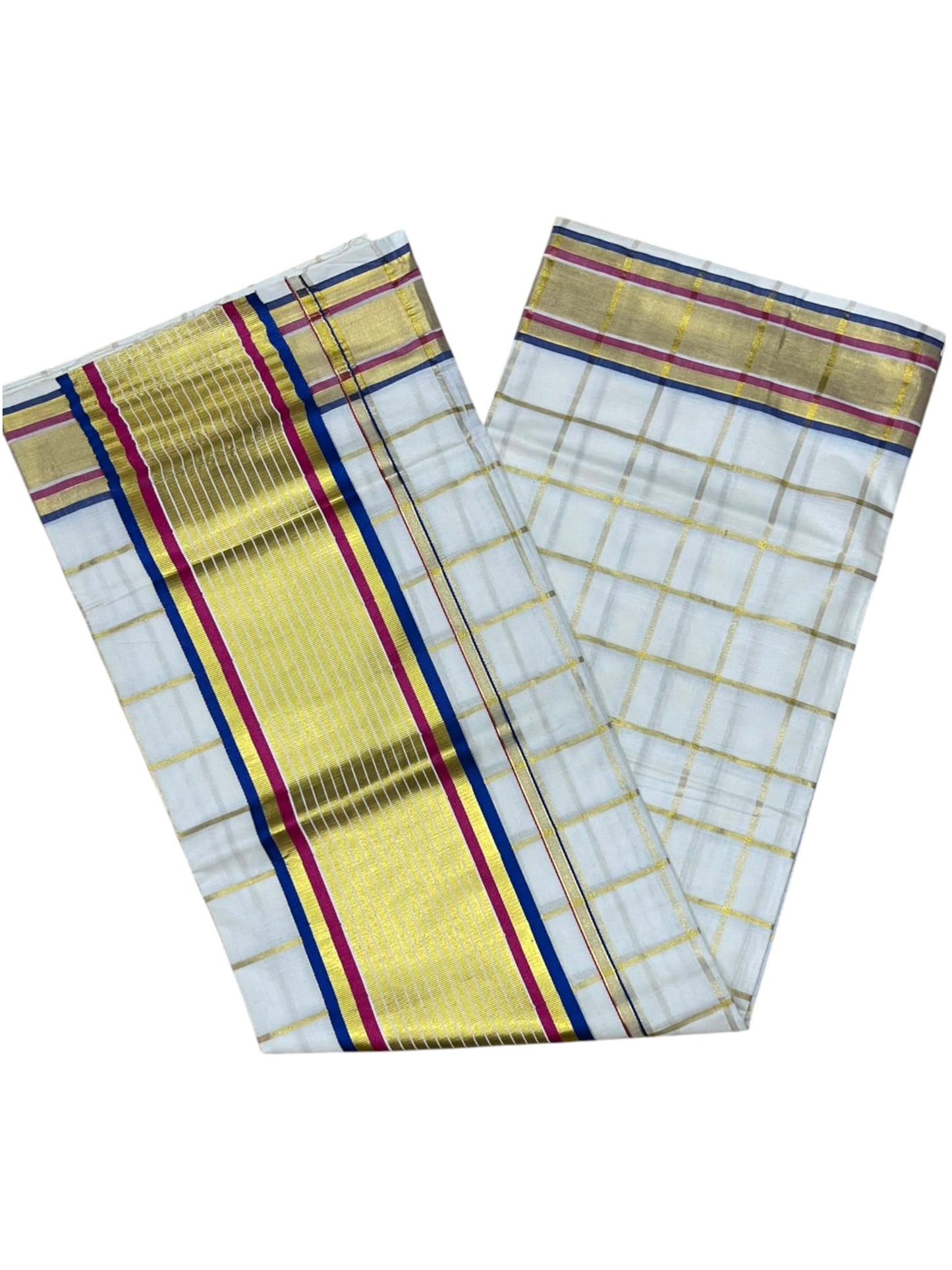 Southloom Kerala Cotton Kasavu Saree with  Check Design on Body in Blue $ Pink  Border