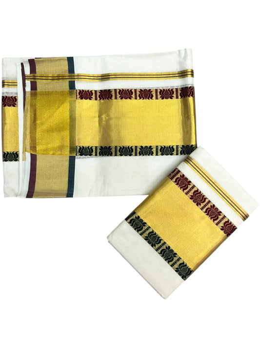 Southloom Premium Handloom Set Mundu with Maroon & Green Design On Border and Kasavu Lines Across Body 2.80 Mtrs SL632