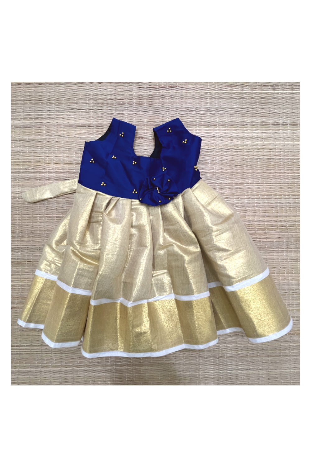 Southloom Kerala Tissue Frock with Blue Bead Work Designs for Kids (Six Months)