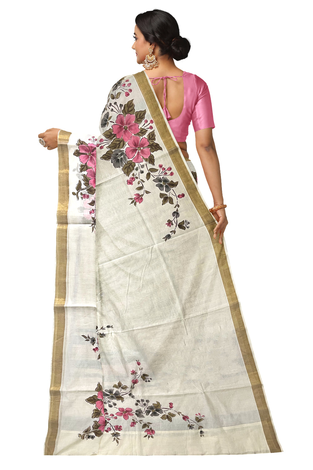 Kerala Cotton Kasavu Saree with Floral Painted Designs