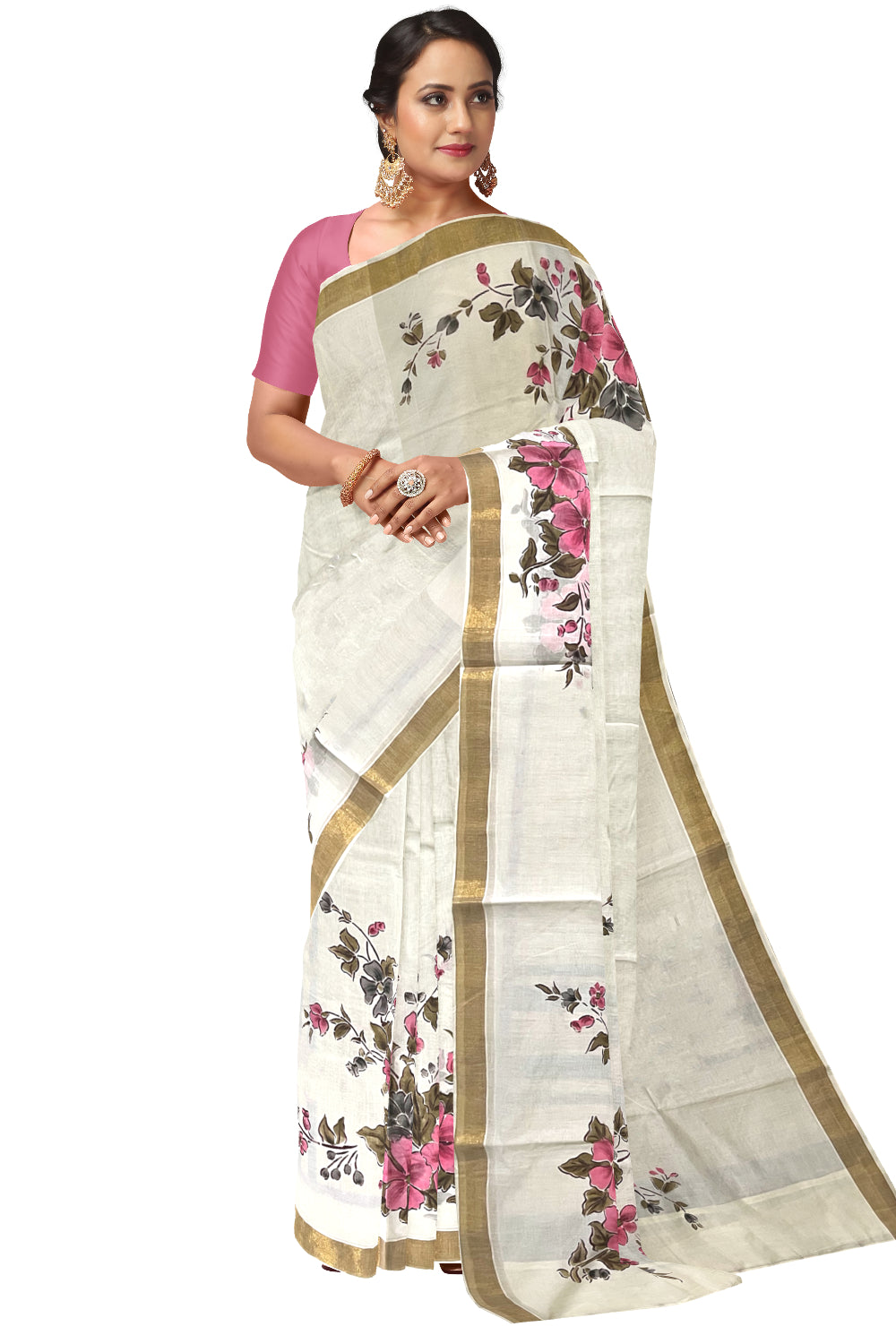 Kerala Cotton Kasavu Saree with Floral Painted Designs