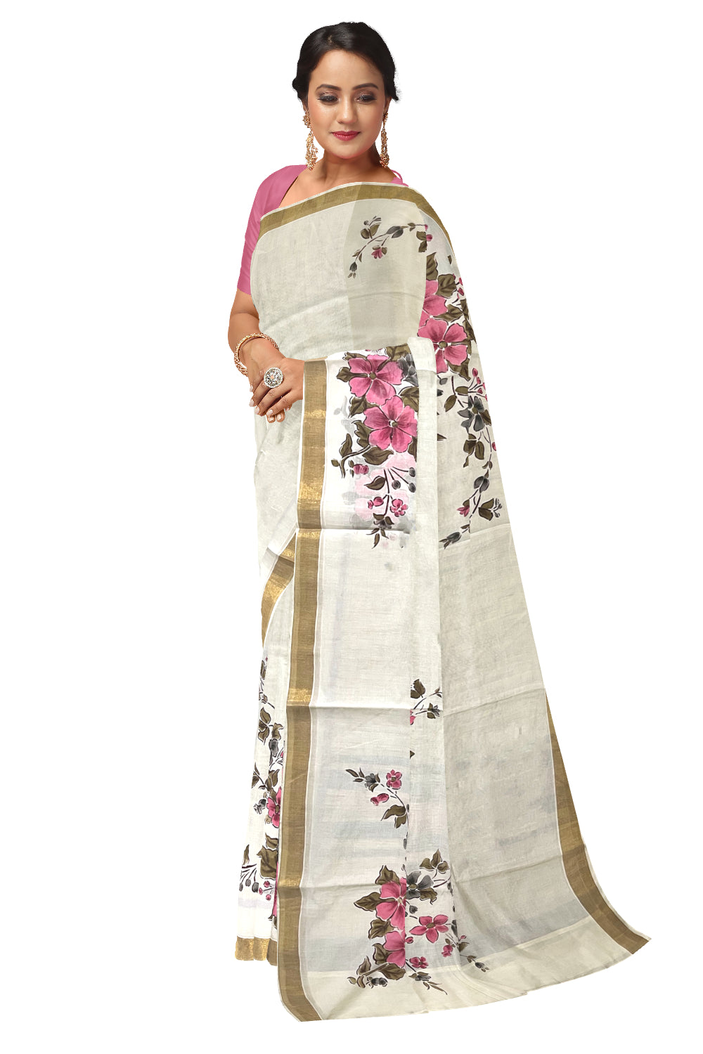 Kerala Cotton Kasavu Saree with Floral Painted Designs