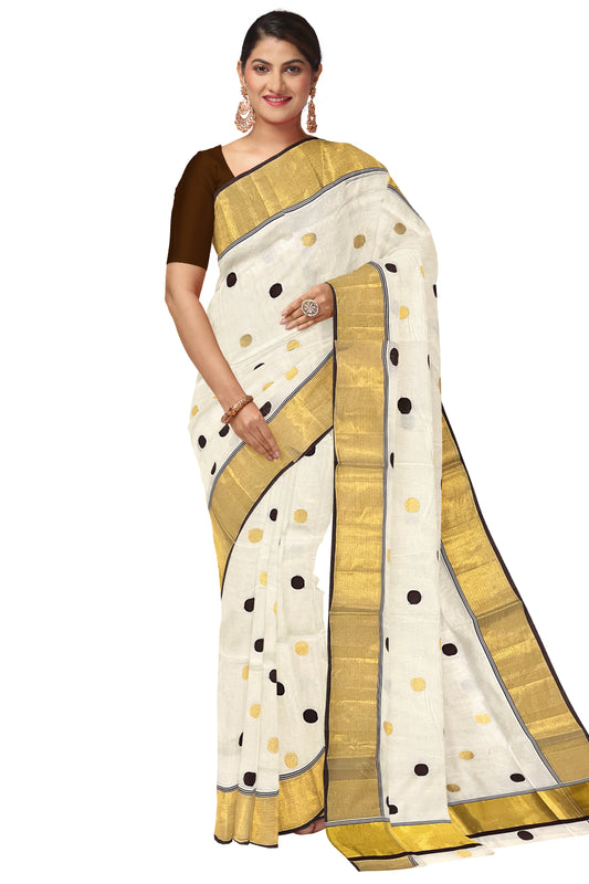 Southloom™ Premium Handloom Kasavu Cotton Saree with Handwoven Brown and Golden Polka Designs