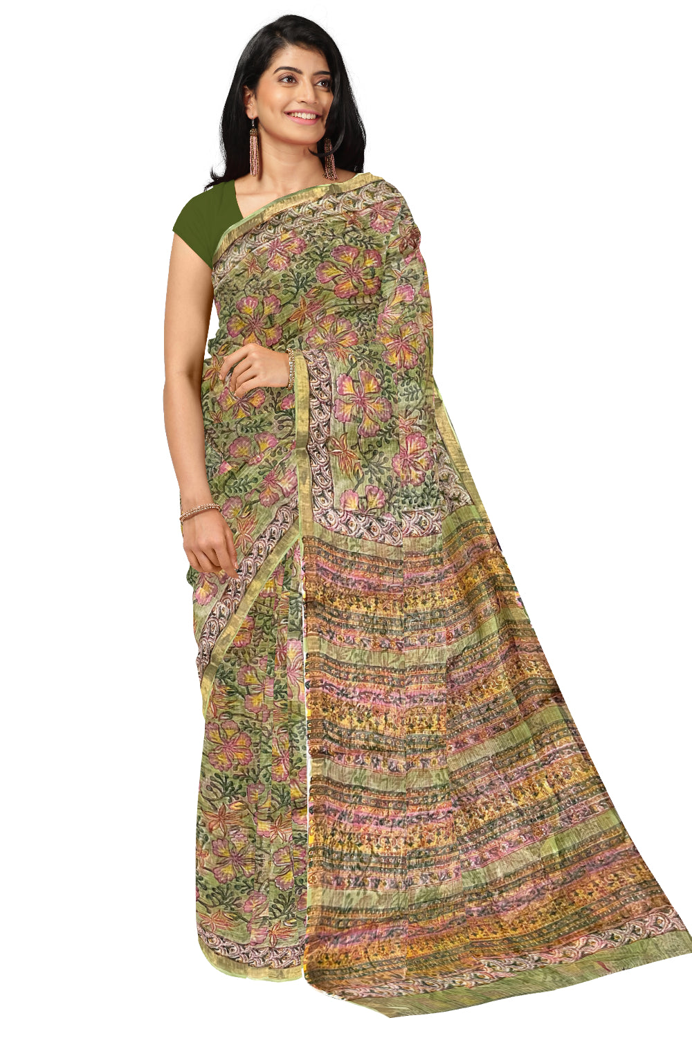 Southloom Kota Fabric Floral Printed Green Saree