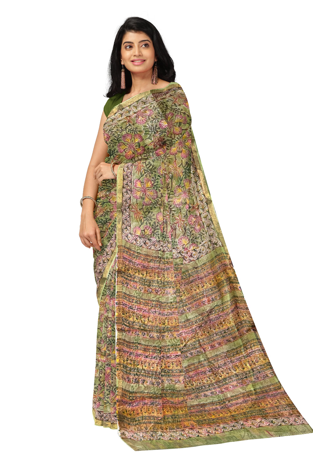 Southloom Kota Fabric Floral Printed Green Saree