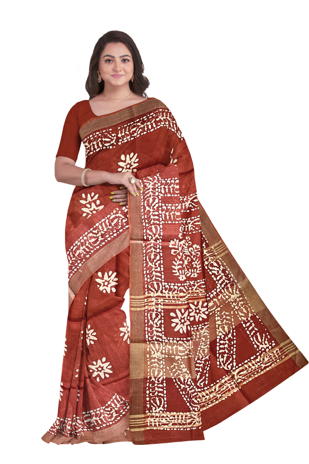 Southloom Cotton Dark Orange Saree with Baswara Prints on Body and Pallu