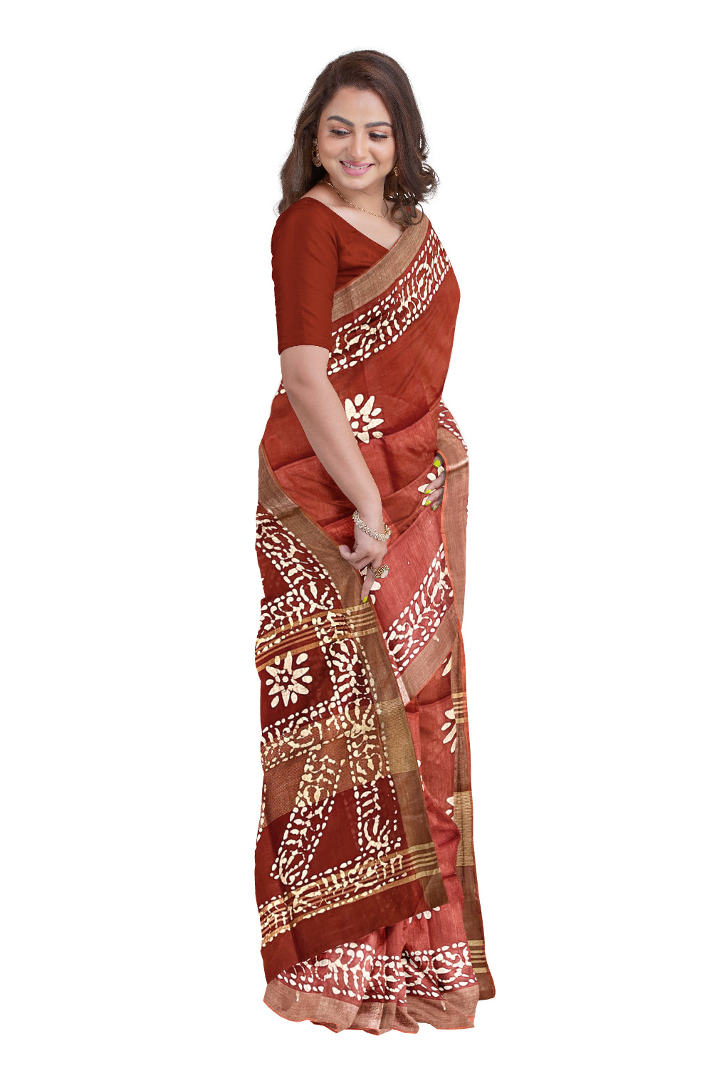 Southloom Cotton Dark Orange Saree with Baswara Prints on Body and Pallu