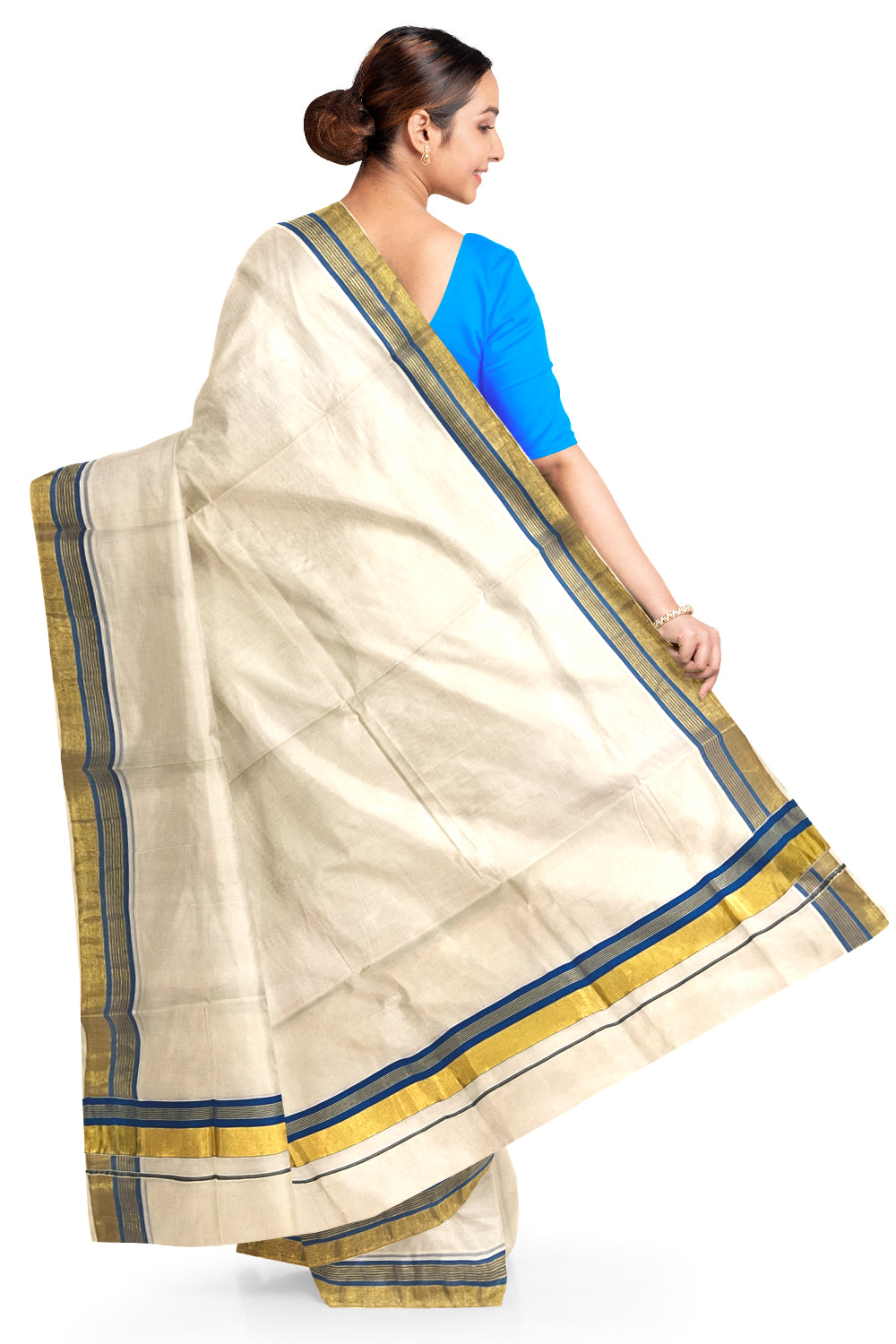 Pure Cotton Kerala Plain Saree with Kasavu and Blue Border